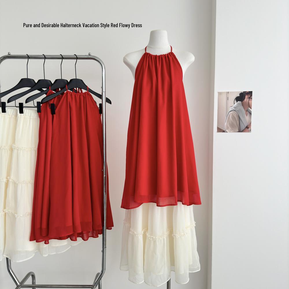 

Sexy Peach Halter Neck Red Flowy Mini Dress for Summer S (up to 45 kg)