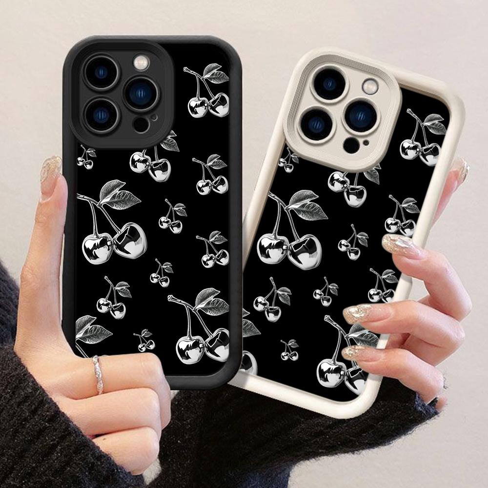 JT74 Black Cherry Phone for iPhone 17 16 15 Pro Max Samsung S26 S25 S24 Ultra A17 A16 A07 A56 Xiaomi 15T Redmi Note 14 Pro Plus Soft TPU Case Cover