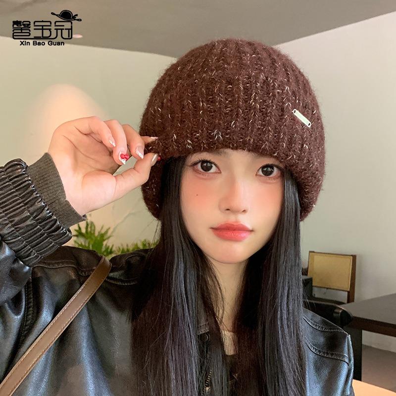 Winter versatile warm ear protection wool knitted pile hat children big head circumference show face small pullover wool hat