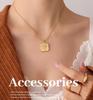 French Retro Rose Pendant Necklace - Gold Plated Stainless Steel Square Design with Clavicle Chain