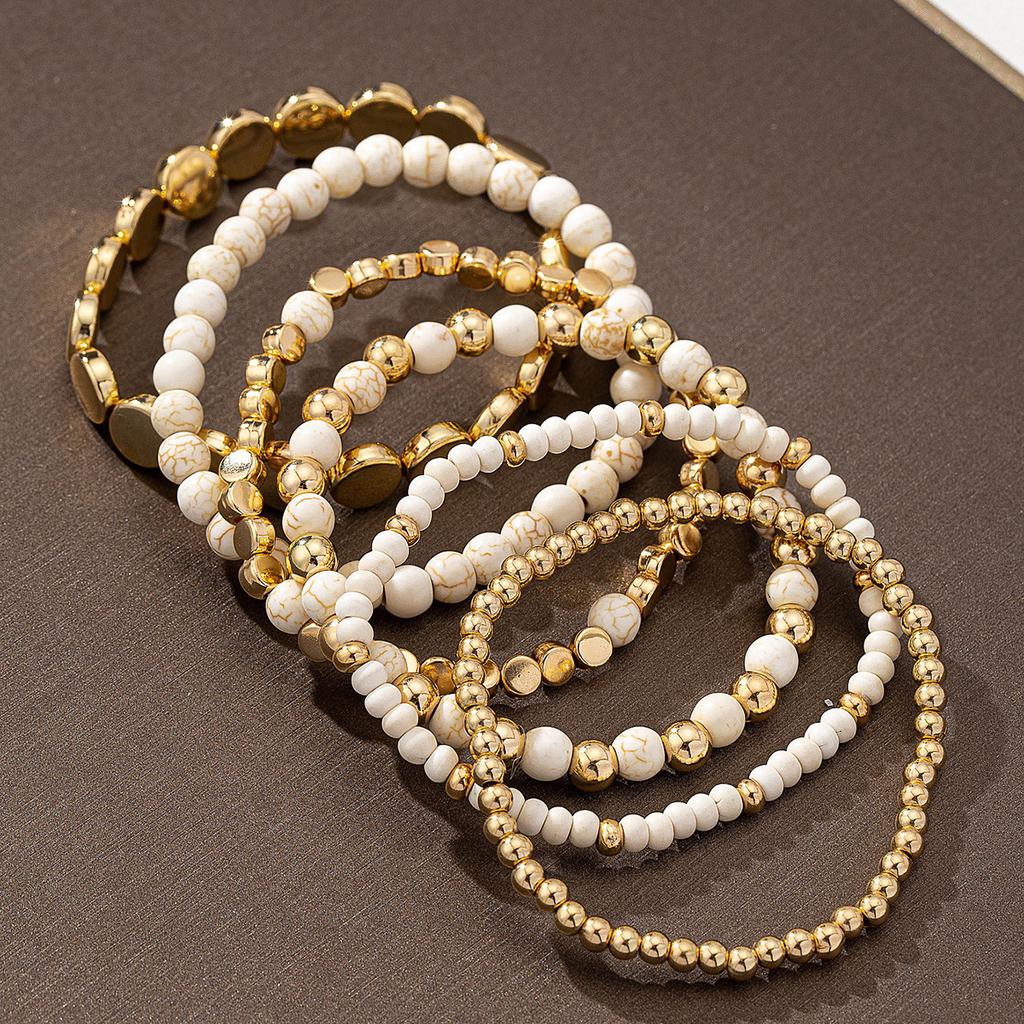 White Turquoise Gold Beaded Bracelet Set 6Pcs Stackable Stretch Wristbands Boho Jewelry Gift for Women