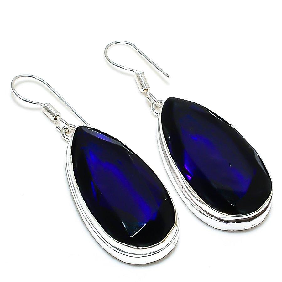 

Серьги ручной работы в этническом стиле с драгоценным камнем «Лондонский голубой топаз» 1,97 дюйма VR-1285