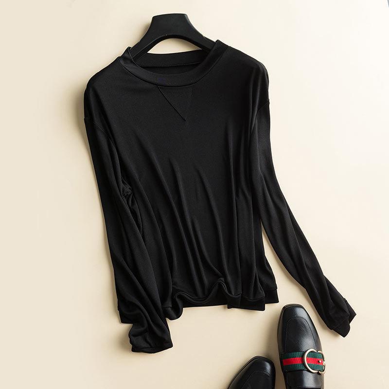 

Женская шелковая свободная футболка Tangge с длинными рукавами и круглым вырезом - осенний топ в корейском стиле XL чёрный