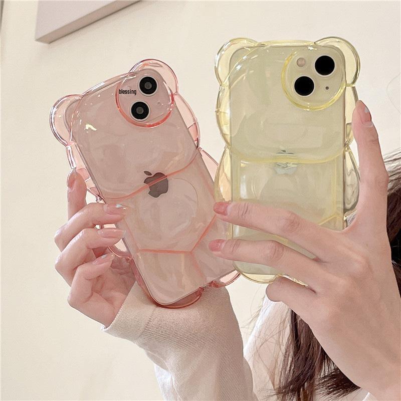 3D Cartoon Little Bear Transparent Phone Case for iPhone 11/12/13/14/15/16/17 PRO MAX