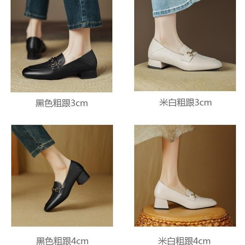 2025 Korean version square head mid-heel metal fasteners low-top women's shoes lazy two-wear women's shoes leather four-season shoes new products