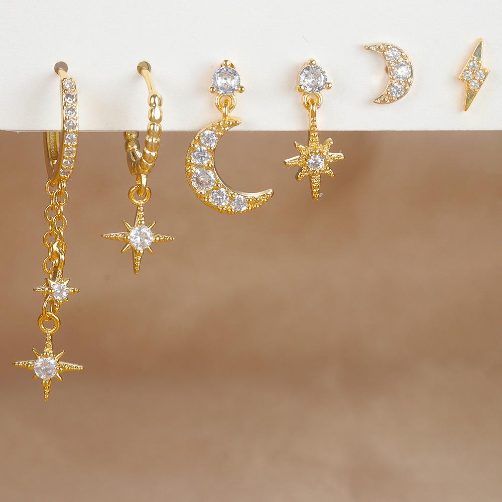 6PCS New Design Stainless Steel Cubic Zirconia Chain Hoop Earring For Women Star Moon Pendant Punk Cartilage Piercing Jewelry