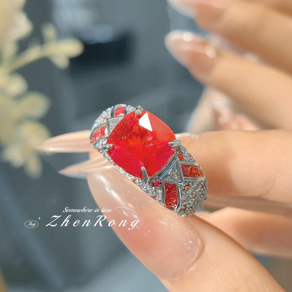 Open Ring Vintage Luxury Square Red Corundum Ring with High Carbon Red Diamond Elegant Unique Women Ring