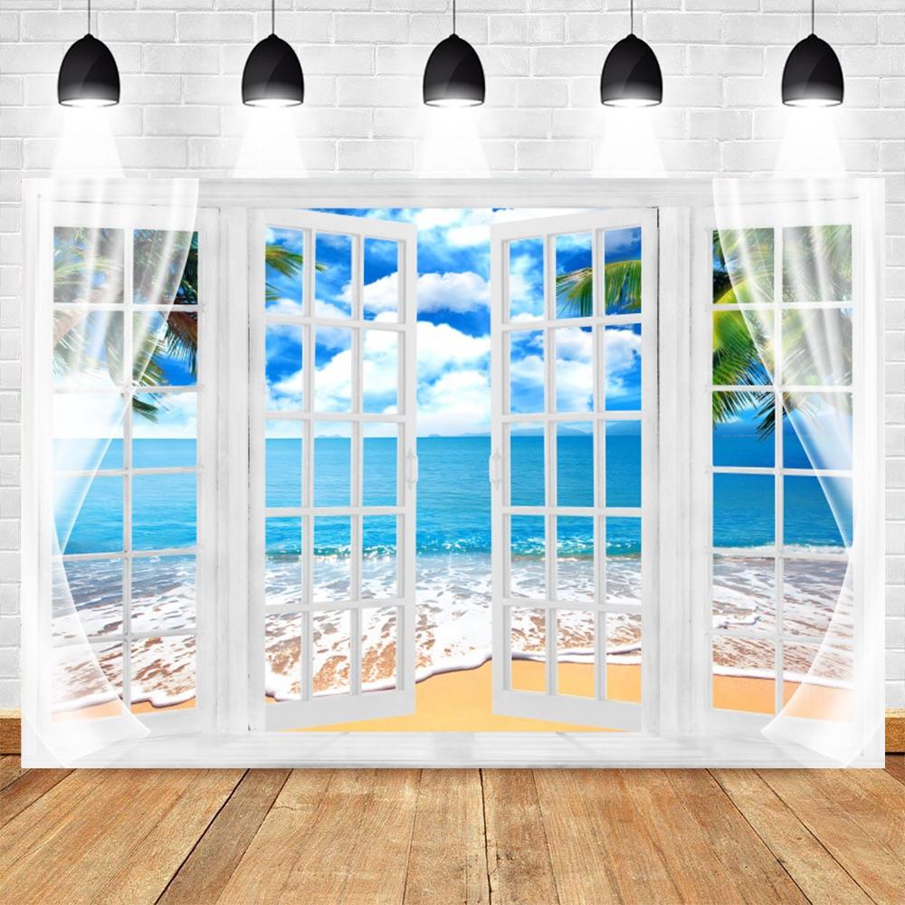 Summer Seaside Tropical Beach Balcony View Backdrop Palm Trees Mountain Wedding Party Portrait Photography Background Photo Prop