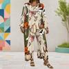 Women Plus Size Round Neck Long Sleeve Printed Layered Top Wide Leg Cropped Pants Two Piece Set