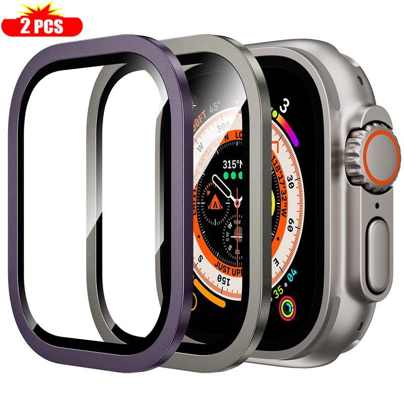 2 Stück gehärtetes Glas für Apple Watch Ultra 49mm Titan Metallrahmen Kratzschutzfolie Serie Ultra 2 Displayschutz Zubehör