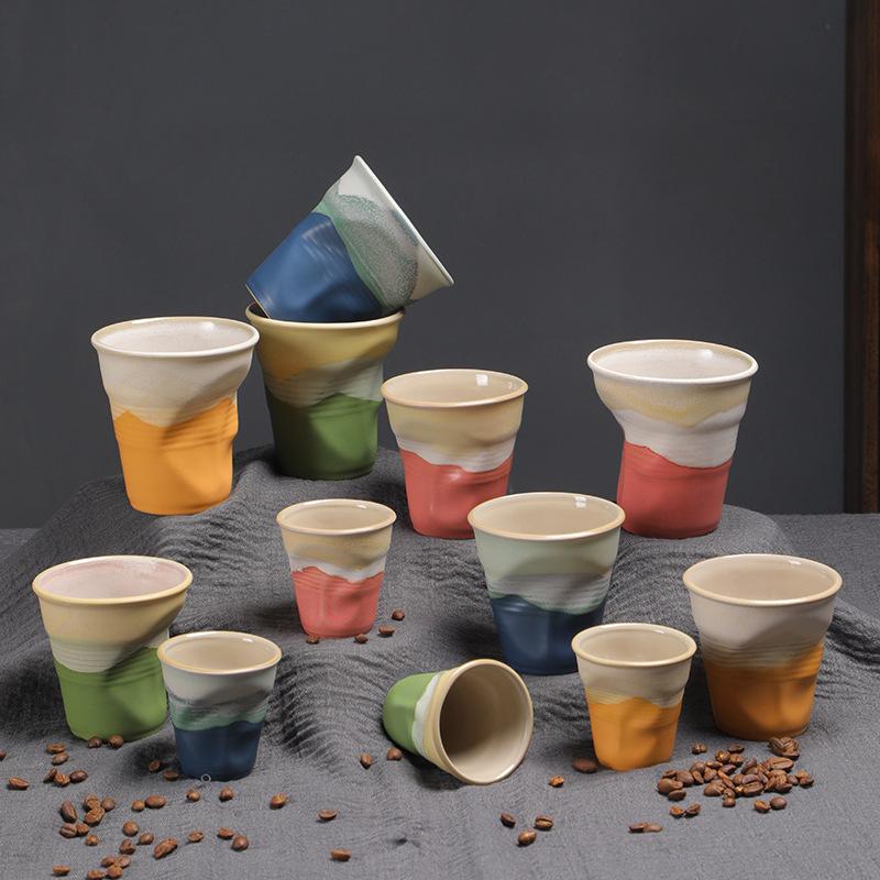 Creative Coarse Ceramic Coffee Cups Retro Irregular Folded Ceramic Mug 3oz 90ml