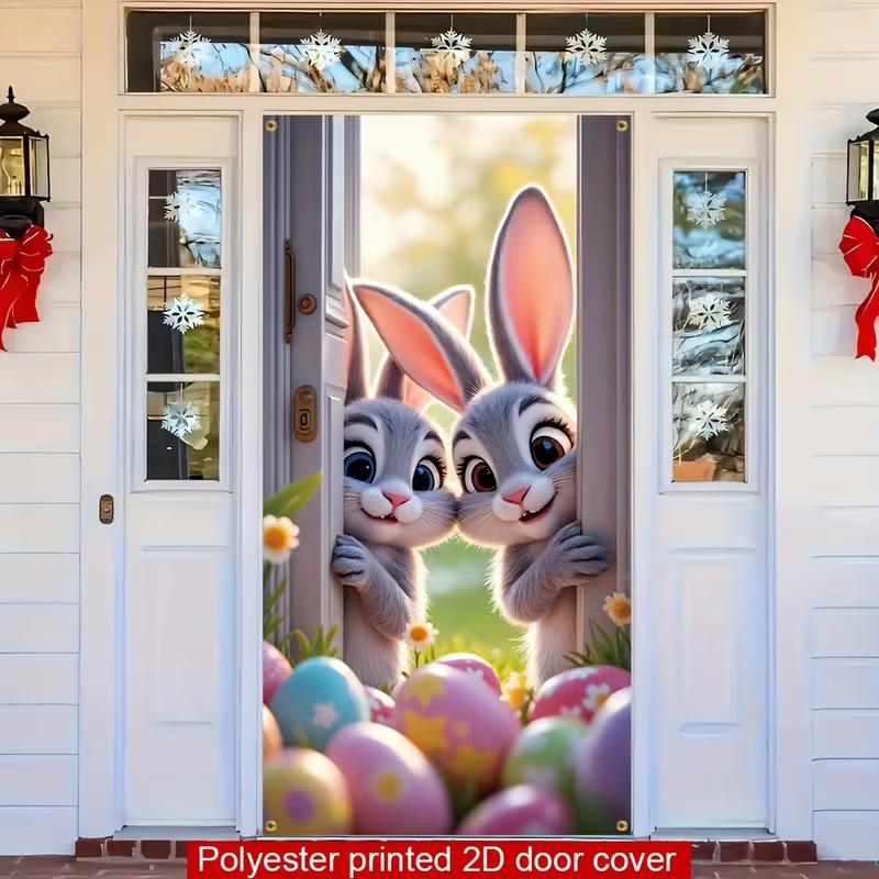 2D Easter Bunny Door Cover, Cute Peeking Rabbits & Eggs Home Decoration