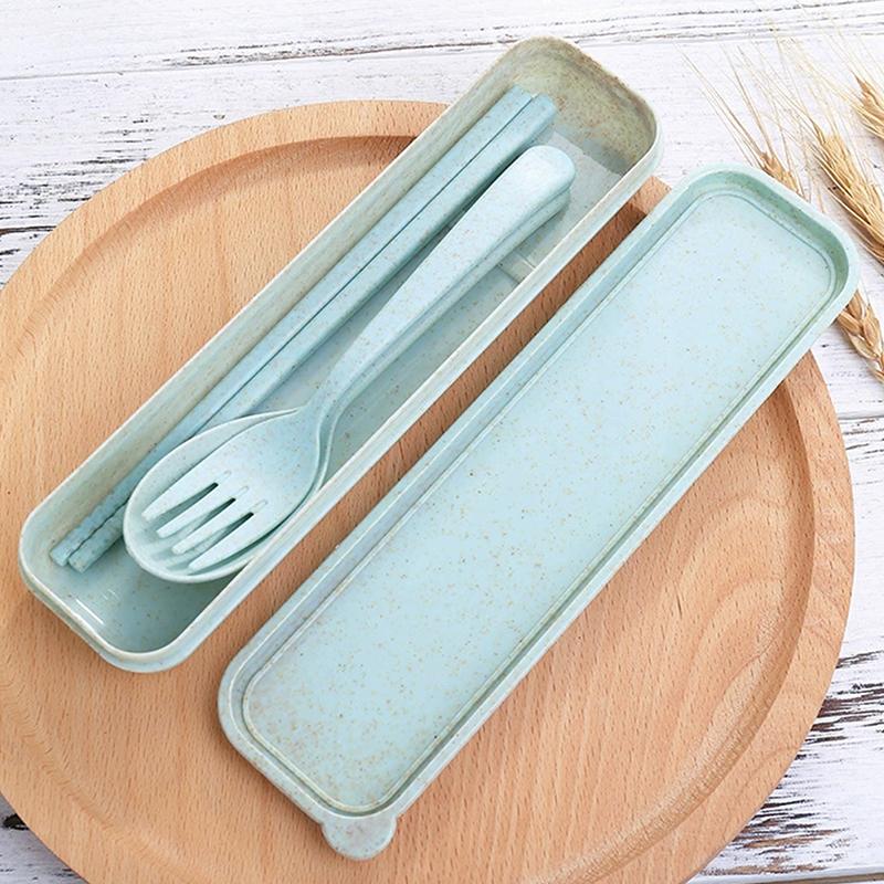 Wheat Straw Tableware Fork Spoons Chopsticks Plastic Portable Tableware Set
