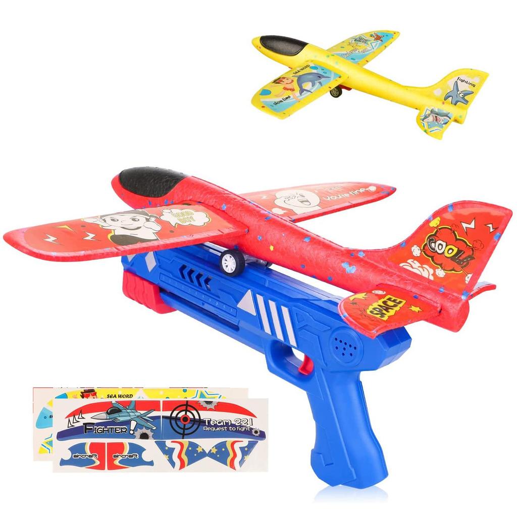 Airplane Launcher Toys, 2 Pcs Foam Catapult Glider Plane with Launcher Airplane Toy, Hand Throw Flying Bubble Airplane Toys for Kids 6-12 Years Old