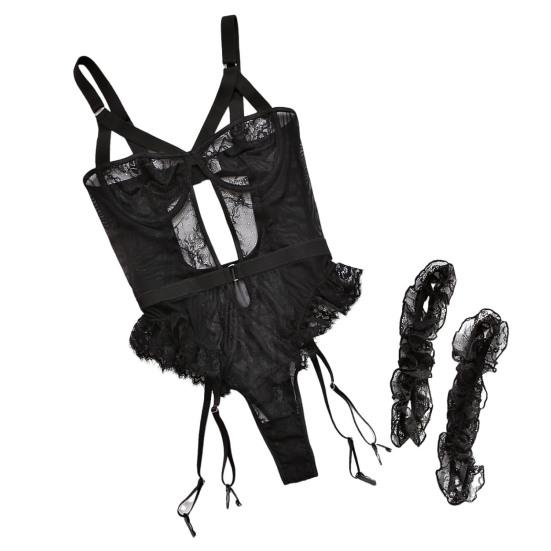 Women Sexy Bodysuit with Thigh Rings Backless Sleeveless Hollow Out Thin See-through Lace Flower Embroidery Spaghetti Strap Skinny Lady