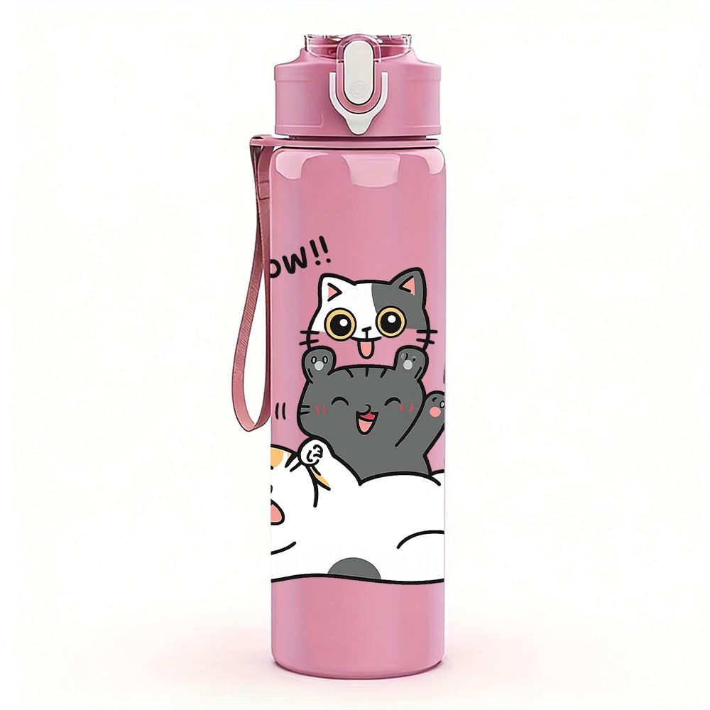 1PC Lazy Stacked Cats Cartoon 750ml Color Plastic Sports Water Bottle Leakproof Flip Straw Lid Suitable for Sports Office Home Use