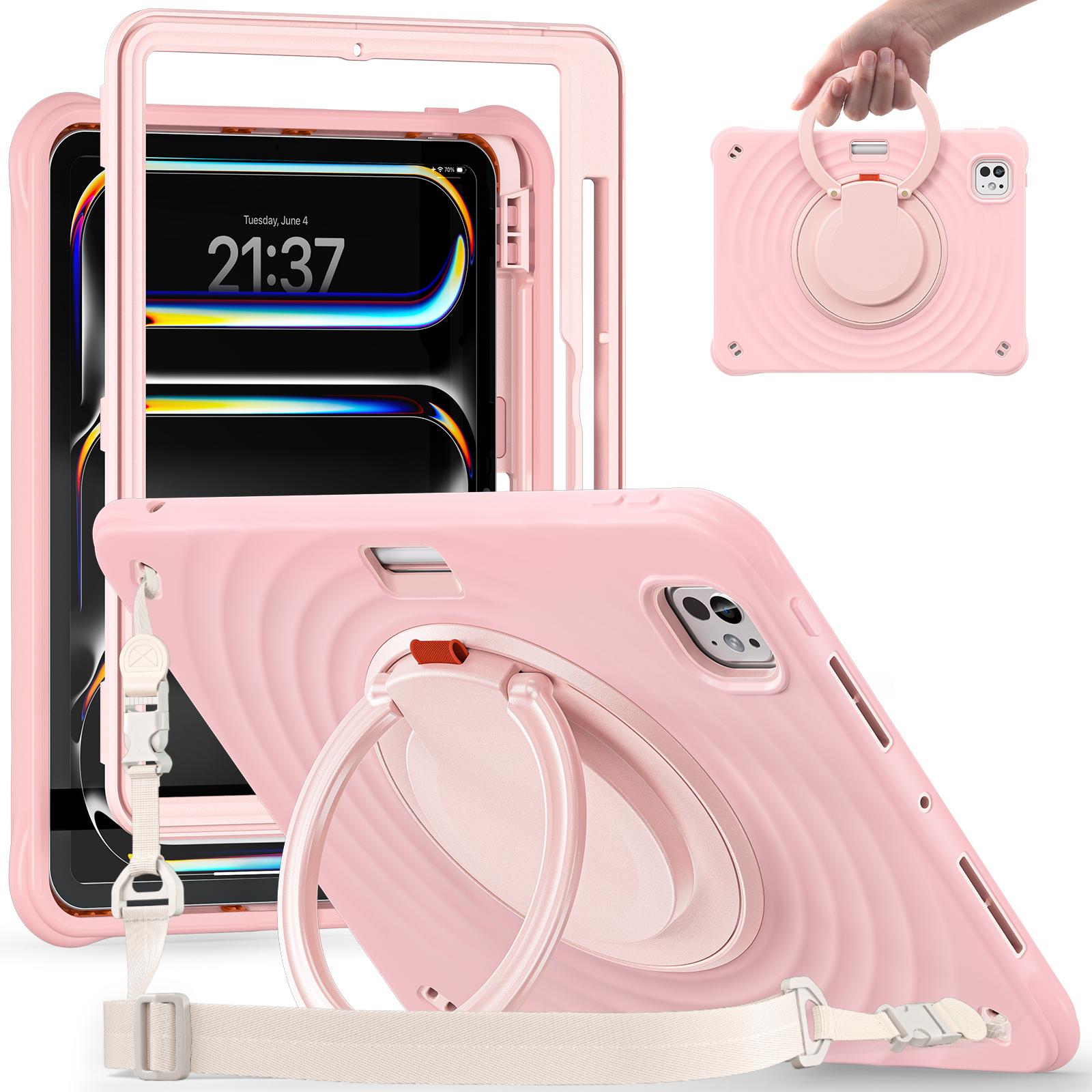 

For iPad Pro 11 (2024) Case with Shoulder Strap Kickstand PC+Silicone+TPU Tablet Cover Pink