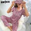 GMXIA Women's Loungewear O-Neck Short Sleeve Long Pants Printed with Eye Mask 3 Piece Pajama Set