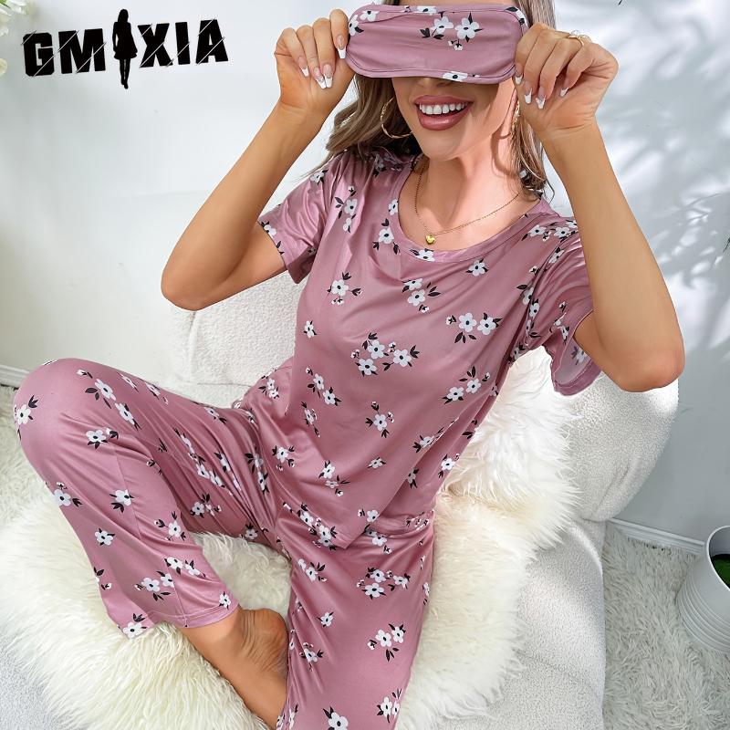 GMXIA Women's Loungewear O-Neck Short Sleeve Long Pants Printed with Eye Mask 3 Piece Pajama Set