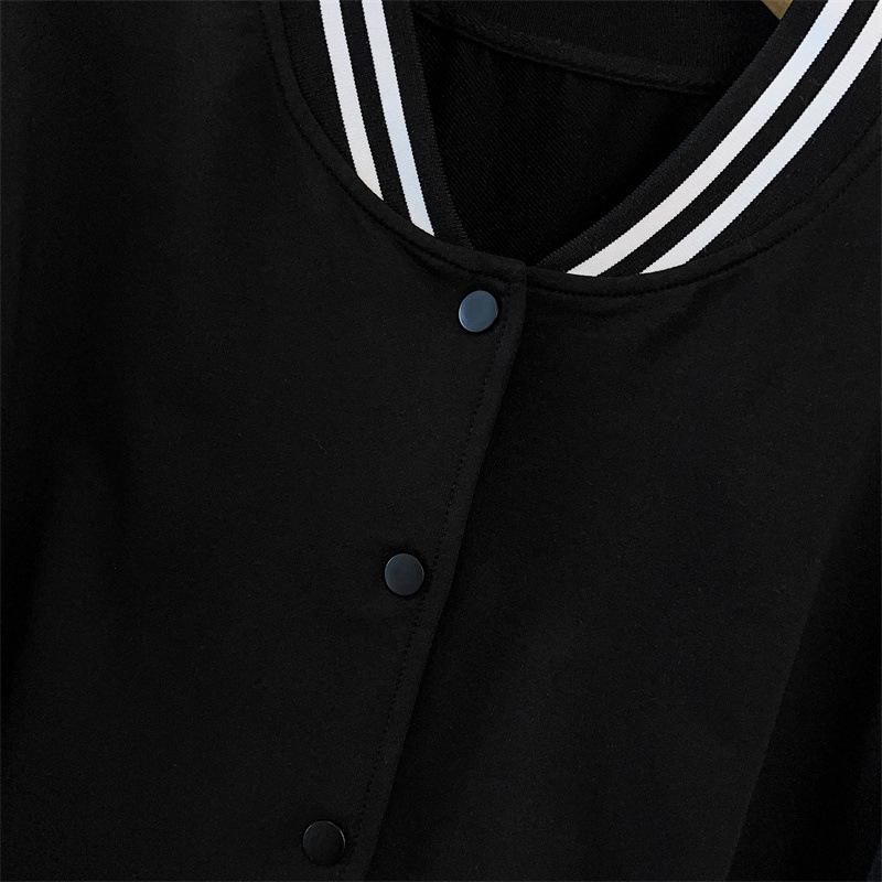 Plus Size Women S Black Cotton Baseball Jacket Long Sleeve Round Neck Casual Cardigan Coat