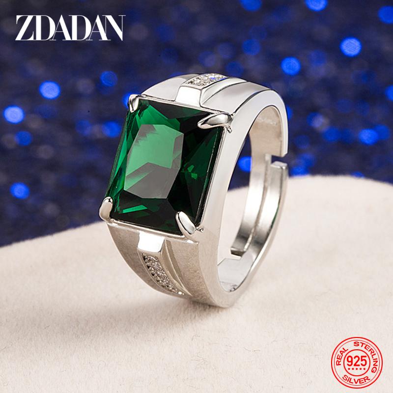 ZDADAN 925 Sterling Silver Emerald Finger Rings for Men Women Fashion Wedding Jewelry resizable зелёный