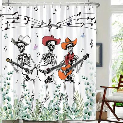 Guitar Playing Skeletons Shower Curtain - Colorful Hats & Dancing Skeletons, 12 Hooks, Fun Festive Bath Decor