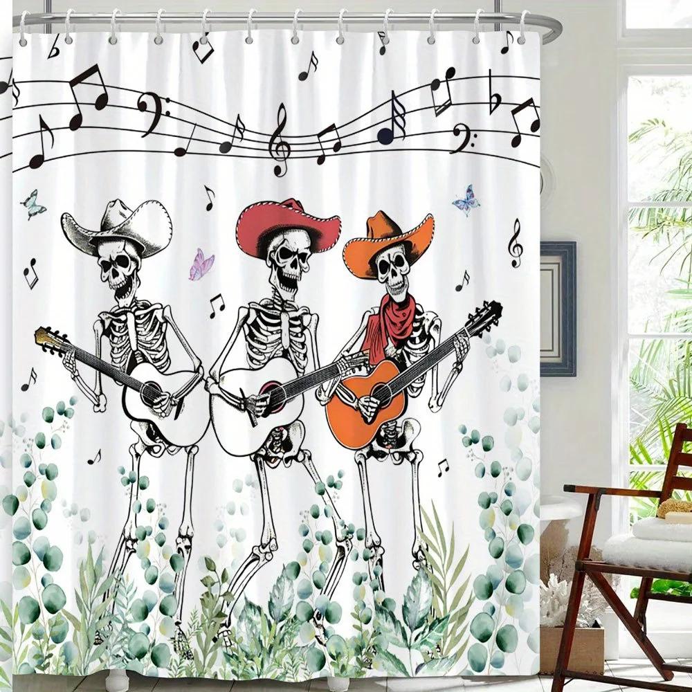 Guitar Playing Skeletons Shower Curtain - Colorful Hats & Dancing Skeletons, 12 Hooks, Fun Festive Bath Decor