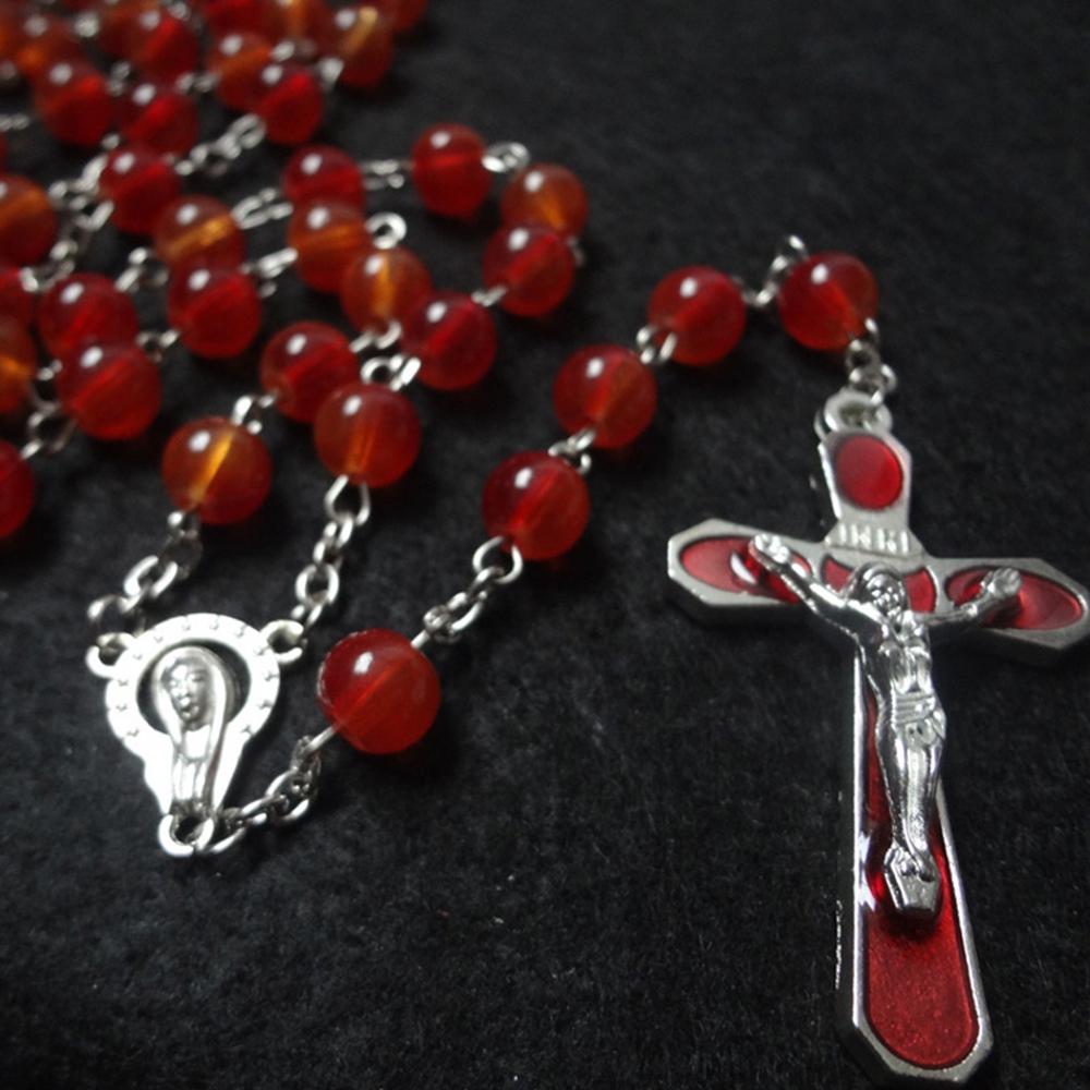 QIGO Transparent Red Glass Beads Rosary Necklace Metal Cross Catholic Jewelry