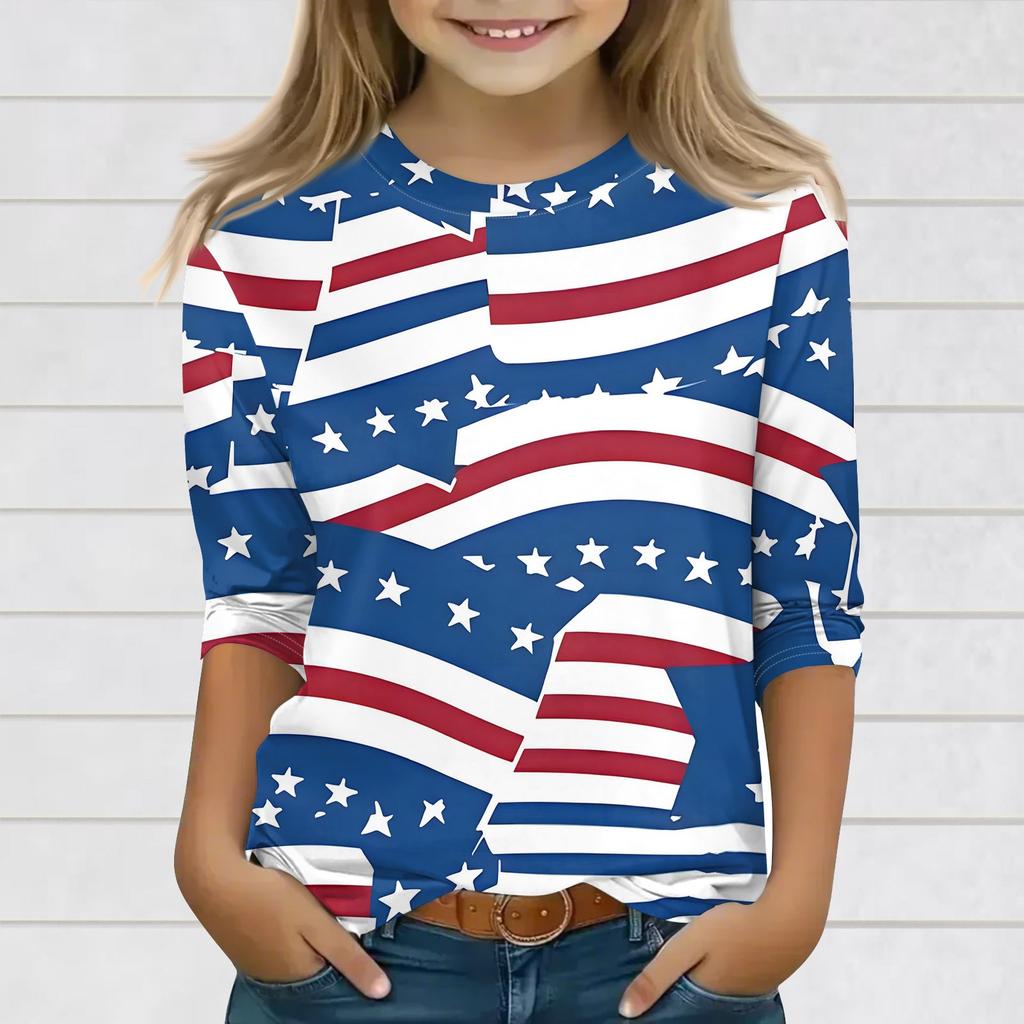 Print Tops For Youth Girls 3-10 Years Round Neck 3/4 Sleeves T-Shirts Trendy Tops Outfit Tees
