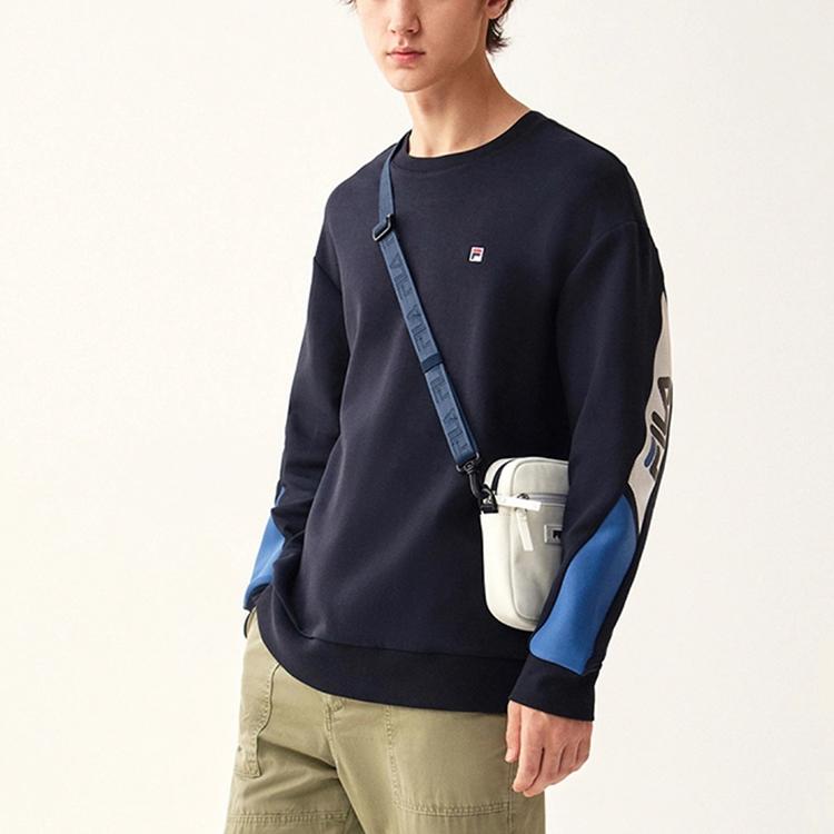 Fila Logo Print Color Block Sports Crewneck Retro American Sweatshirt Men Sweatshirt Legendary-Blue F51M148235FNV