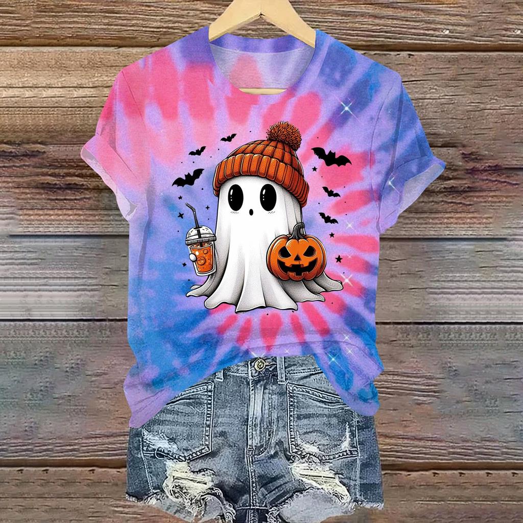 Ladies' Casual Halloween Printed Round Neck Short Sleeved T-Shirt