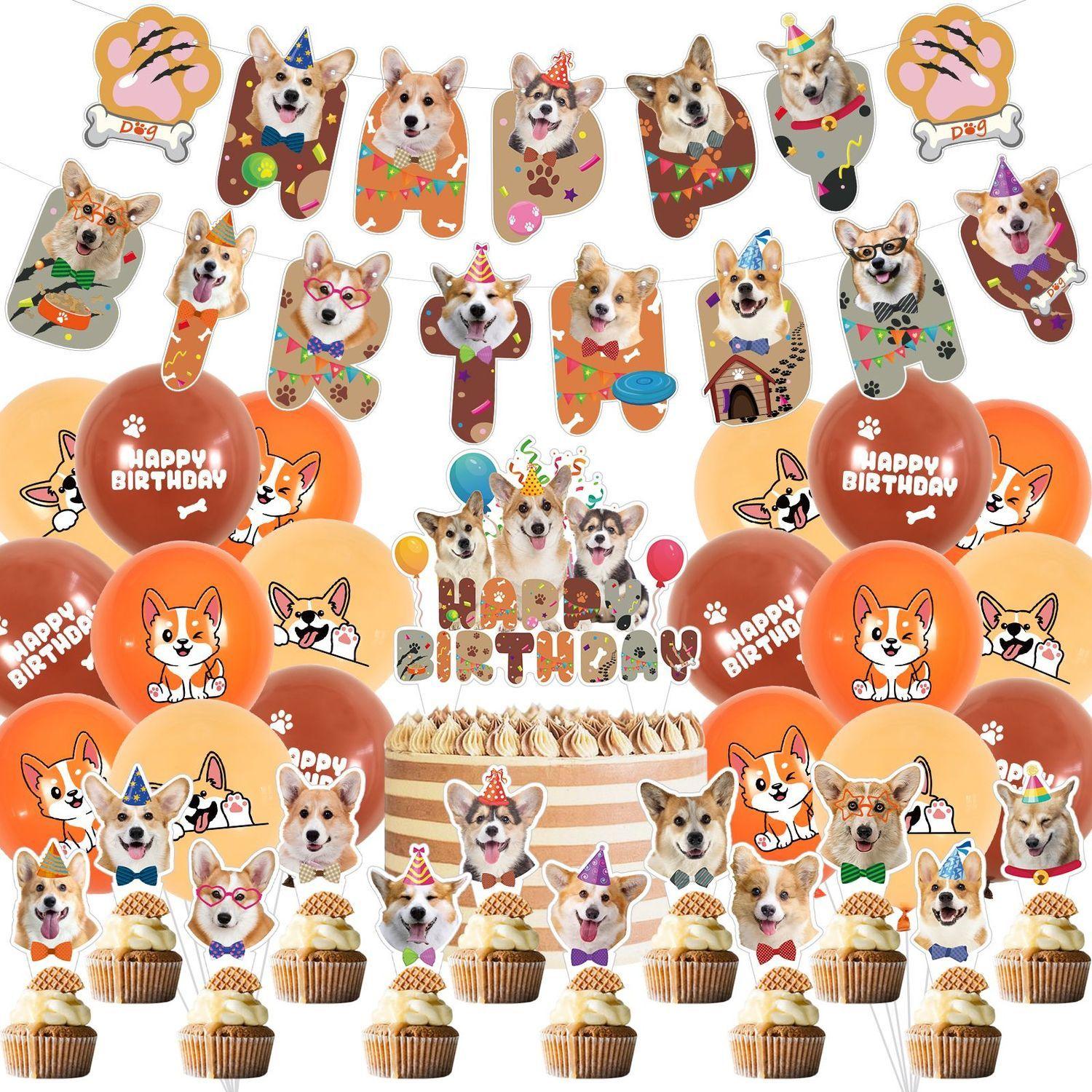 Corgi Dog Theme Birthday Party Decoration - Children s Pet Dog Balloon Banner, Cake Insert Sign Set, Birthday Party Decoration Kit Corgi theme