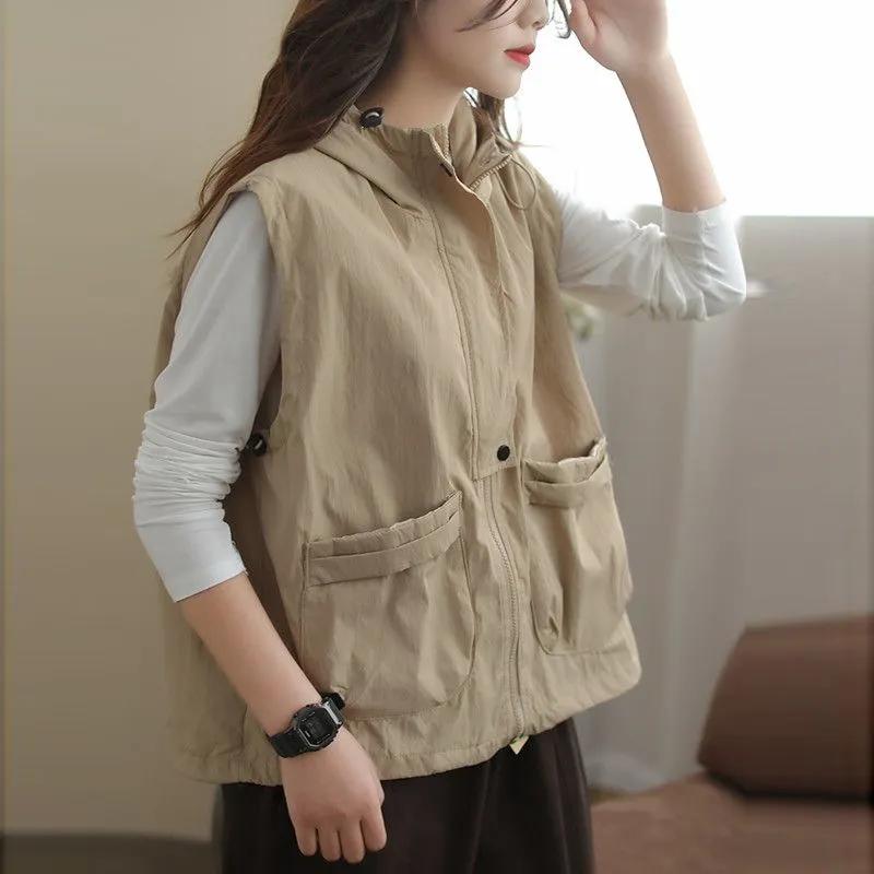 Hooded Women's Vest Spring and Autumn Jacket Women's Casual Tooling Loose Retro Vest Waistcoat