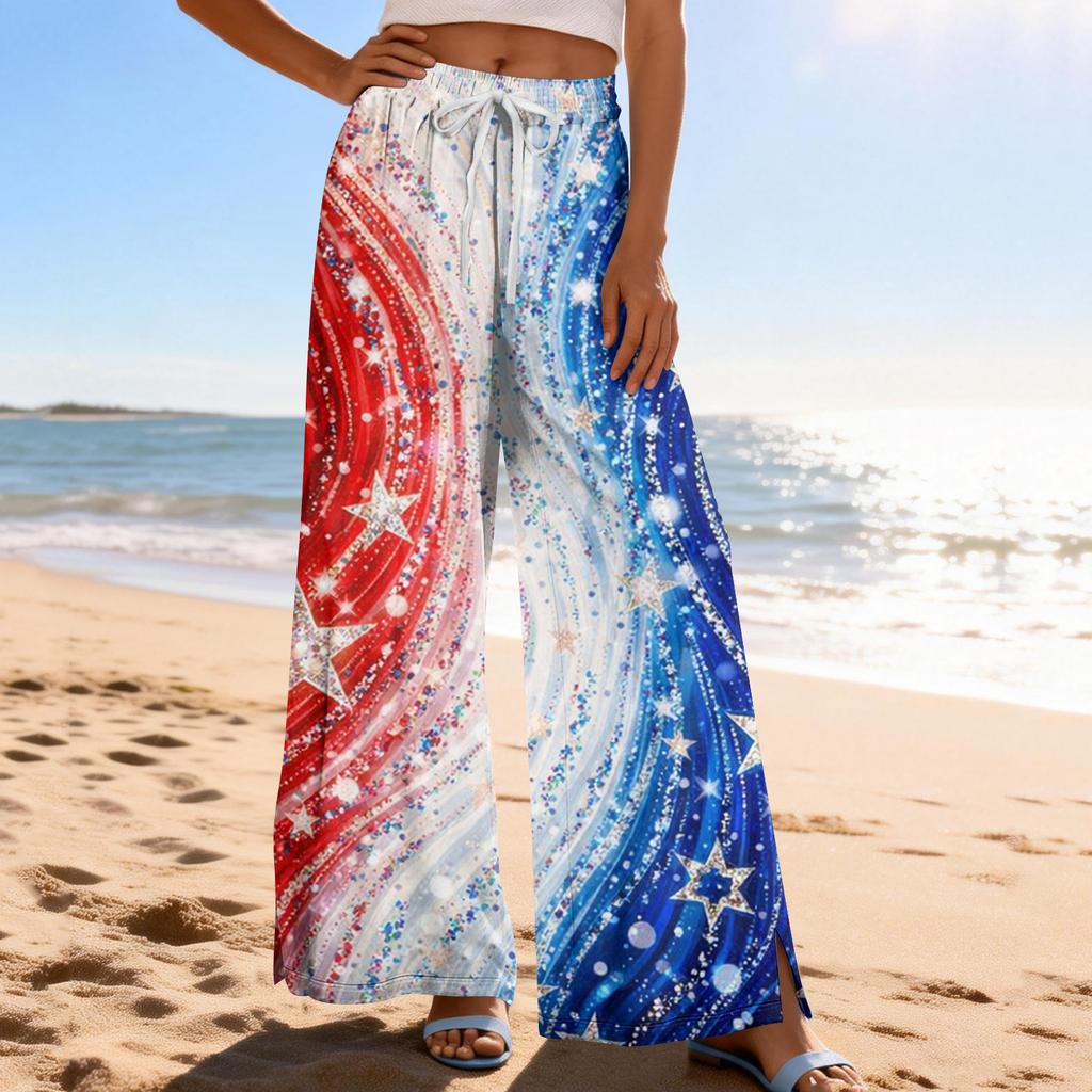 Dámské letní boho palazzo kalhoty s vysokým pasem a širokými nohavicemi, tisk, ležérní kalhoty s kapsami