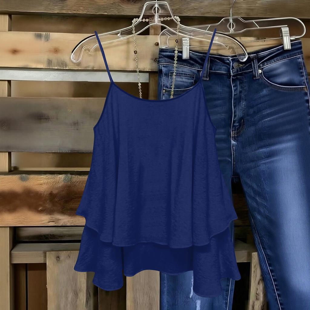 Women Sleeveless Double Layer Camisole Top Solid Color Strap Summer Casual Loose Fit Lightweight Blouse