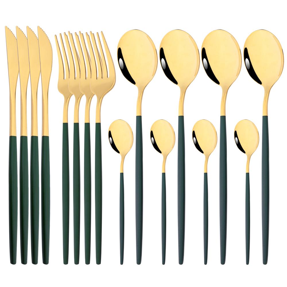 16Pcs Dinnerware Knife Fork Coffee Spoon Cutlery Set  Flatware Stainless Mint Green Gold Steel Silverware Tableware Set