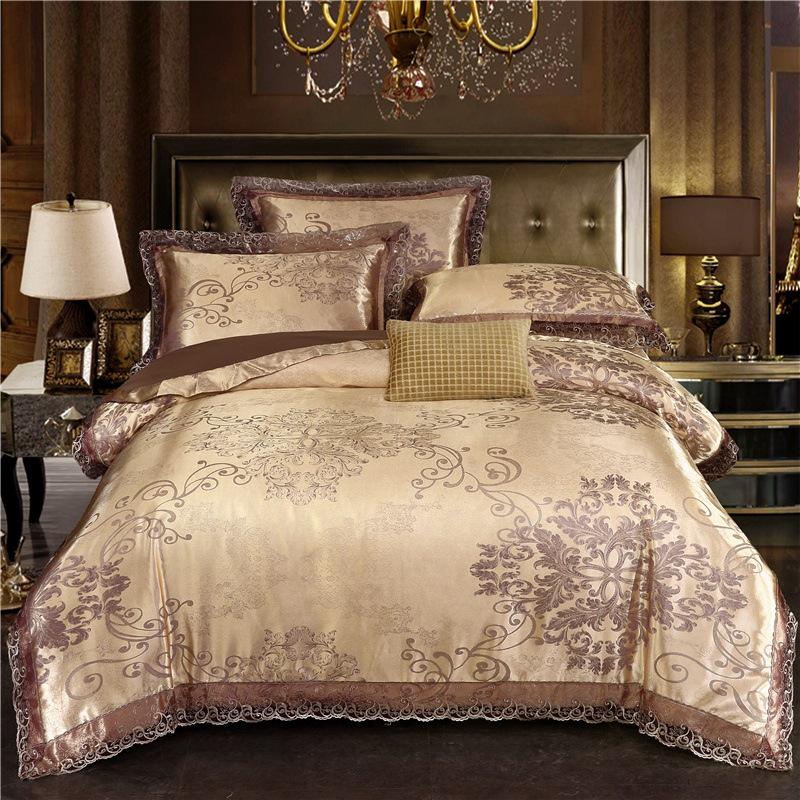 European Satin Jacquard Bedding Set - Lace-Trimmed, 4-Piece Set
