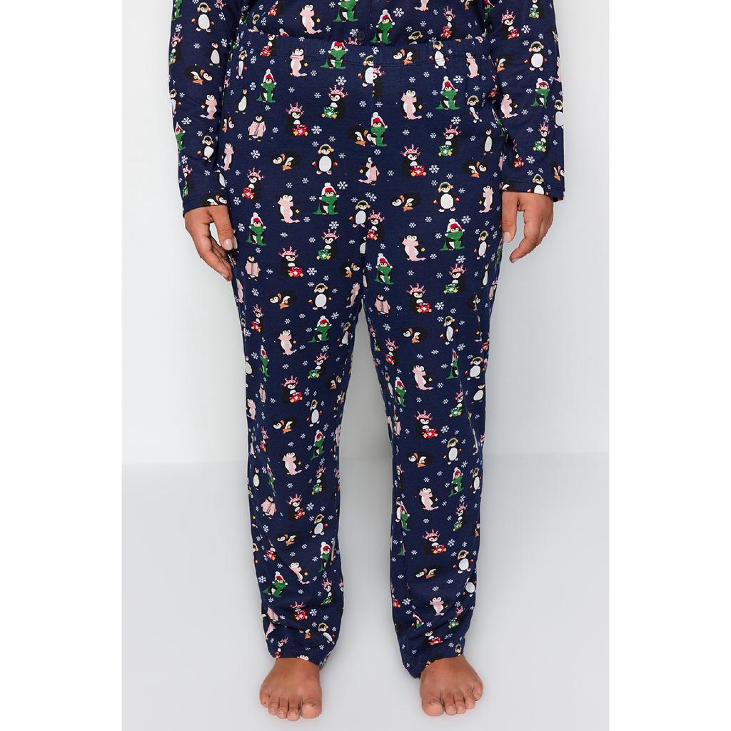 Navy Blue Patterned Knitted Pajama Set Tbbaw24ai00002