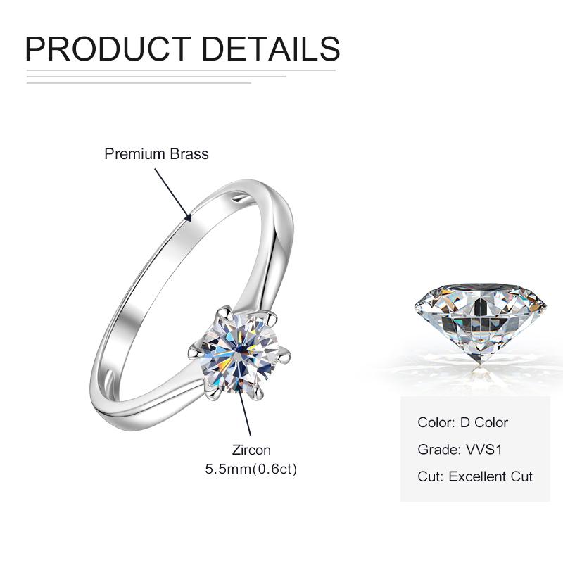 Rrjzz 1CT Solitaire Round Cut D-Color Moissanite Ring 925 Silver VVS1 Lab Imitation Diamond Six-claw Engagement Ring for Women 5