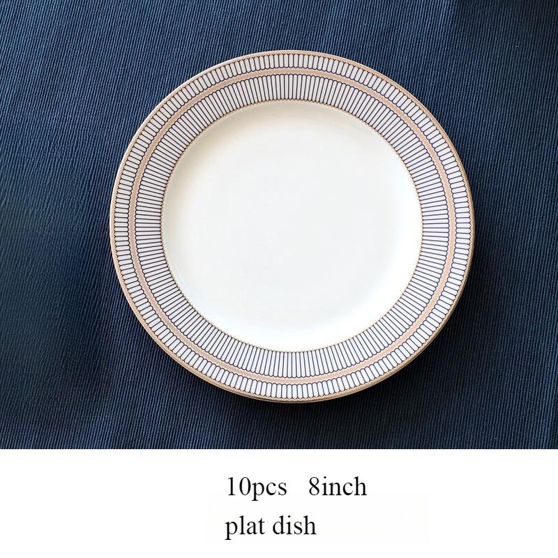 8/10palcové talíře z kostního porcelánu - Moderní elegantní kulaté nádobí se zlatým lemem Dezertní talířová sada Jídelní nádobí Servírovací talíře pro kuchyň, vhodné do mikrovlnné trouby