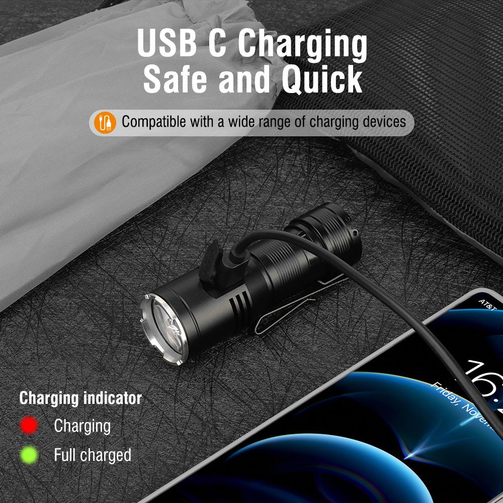 BORUiT LED Flashlight Built-in Battery USB-C Rechargeable Lamp Waterproof Work Fishing Torch Camping Hunting Head Lamp Tiki