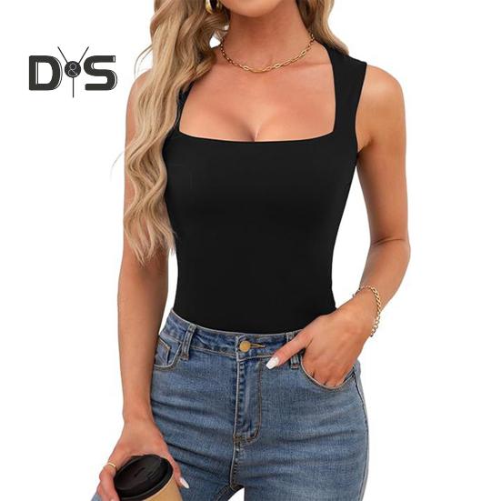 

Женский летний жилет с квадратным воротником, широкими бретелями, без рукавов, однотонный, облегающий, с рубчиком S чёрный