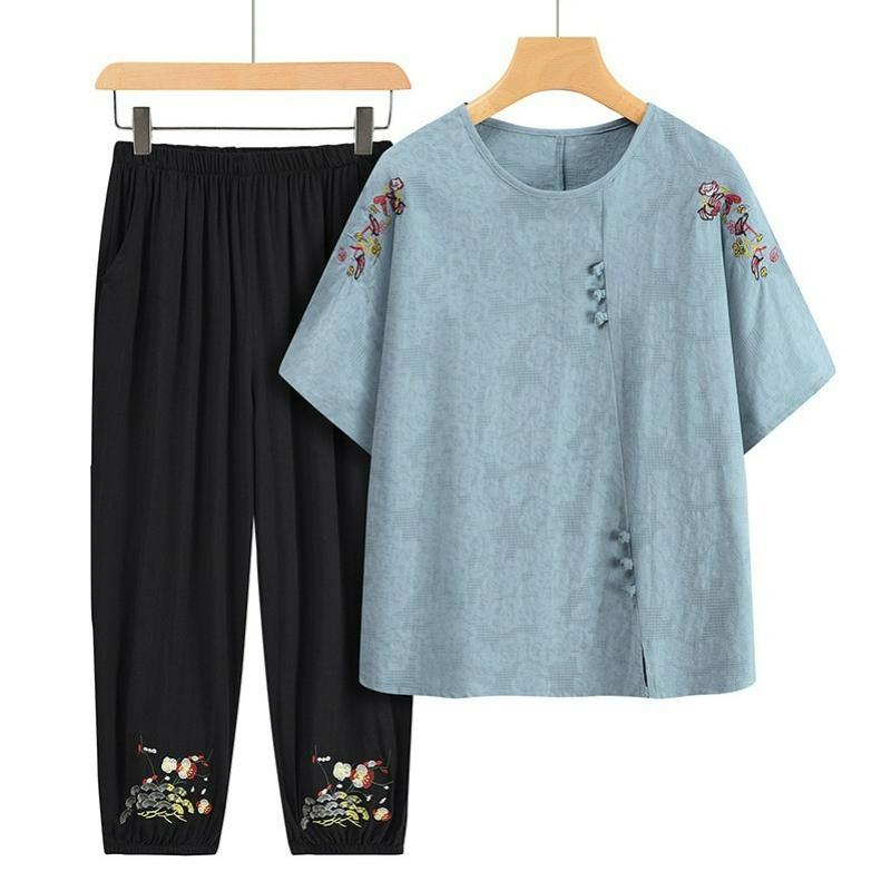 

Summer Suit Cotton and Linen Women s Short-sleeved Mother Cotton T-shirt Plus Size Clothes 5XL синій