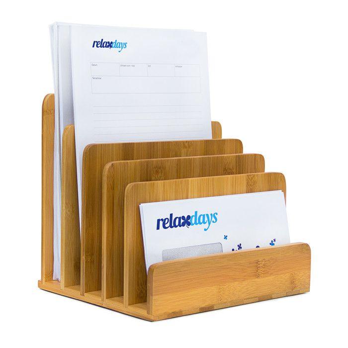 Relaxdays Organiseur bureau en bambou, 5 compartiments, flyers, H x L x P : 23 x 24,5 x 20,5 cm, couleur naturelle