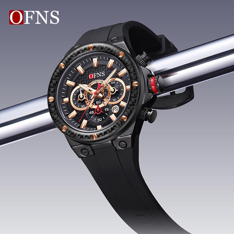 OFNS Men's Multifunctional Waterproof Quartz Watch with Calendar and Six-Hand Chronograph, Silicone Strap.