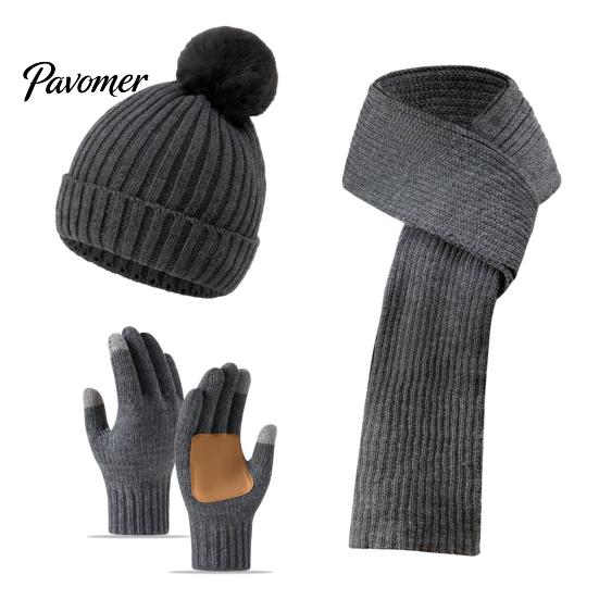 Fashionable Vertical Stripe Knitwear Winter Hat Scarf Gloves Set, Knitted with Pompom, Touch Screen Gloves, Cold Weather Essential Set Warm