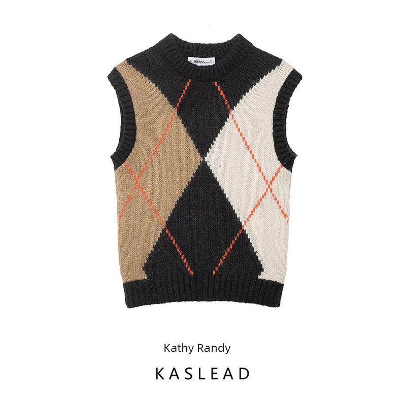 Kaslead New Women Clothes Western Style Fashion Diamond Pattern Knitted Vest Style Top 6771110