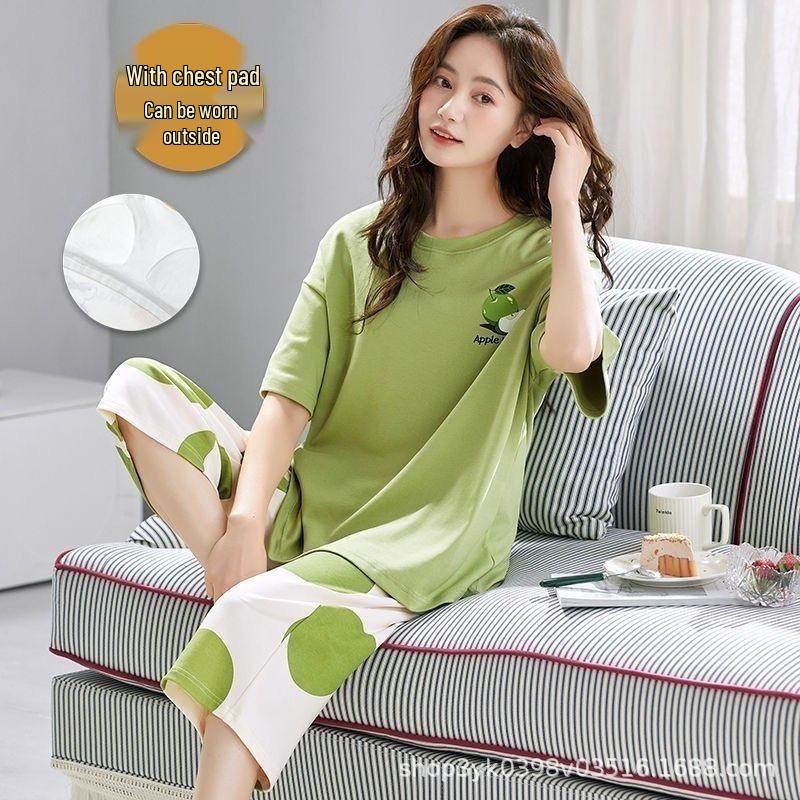 Women s Summer Pajama Set: Short Sleeve, Round Neck with Seven-Point Pants – Casual, Loose, and Wearable Outdoors