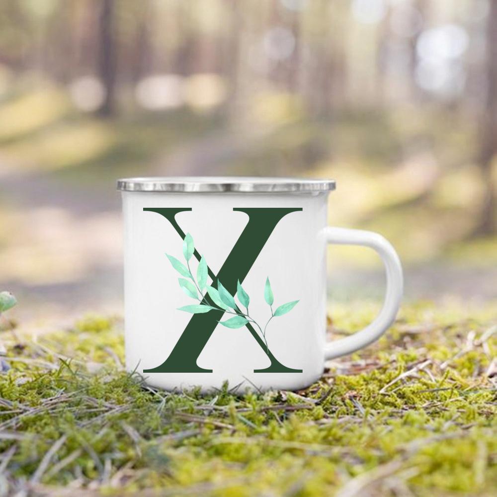 Emaille-Tasse mit Henkel, Aquarell, grünes Blatt mit Alphabet, Tasse, personalisierte Geschenke, Kaffee-Reisebecher, Bierbecher für Kaffee- und Teetassen