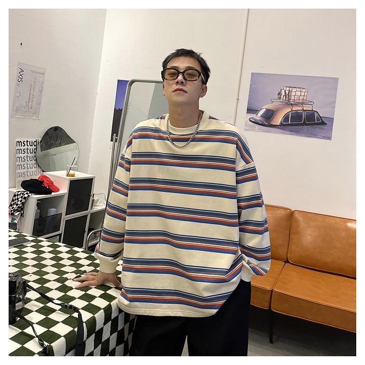 Men's Trendy Color Block Striped Pullover - Casual Loose Fit Round Neck Sweatshirt for Spring & Autumn.